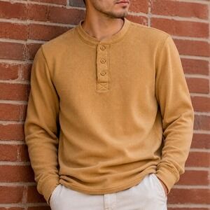 Vintage Eddie Bauer Heavyweight Waffle Knit Henley Shirt Mens M 90s Y2K Mustard